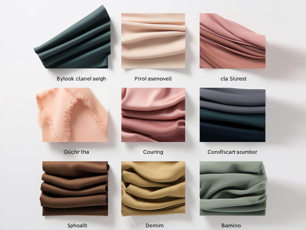 An image displaying various fabric swatches, each representing a different fabric material mentioned in the content.