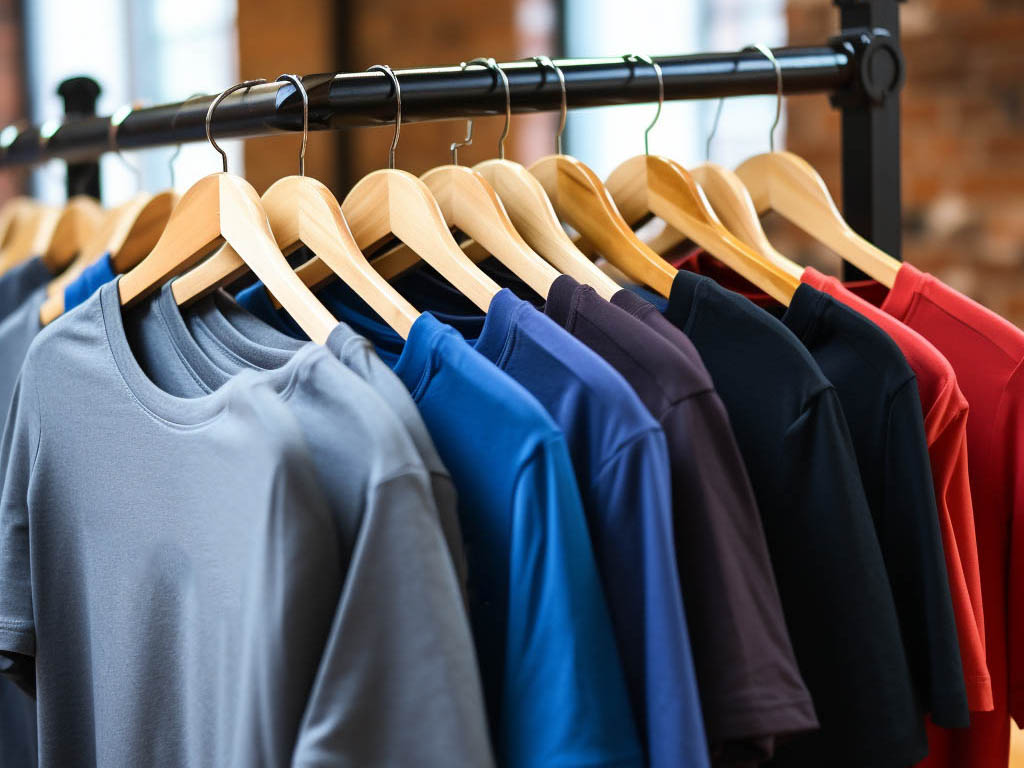 An image featuring a collection of Modaknits men's T-shirts displayed on a stylish clothing rack.