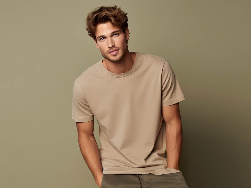 An image featuring a model wearing a short-sleeved T-shirt.