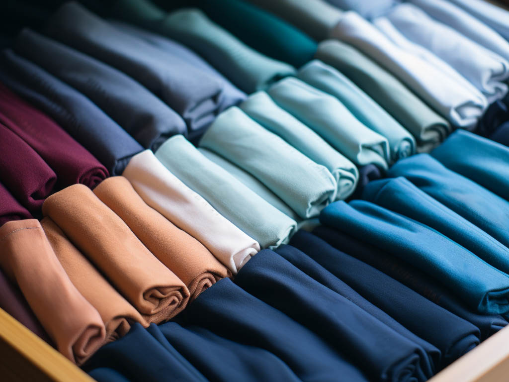 An image illustrating a set of T-shirts neatly folded and organized in a drawer or closet.