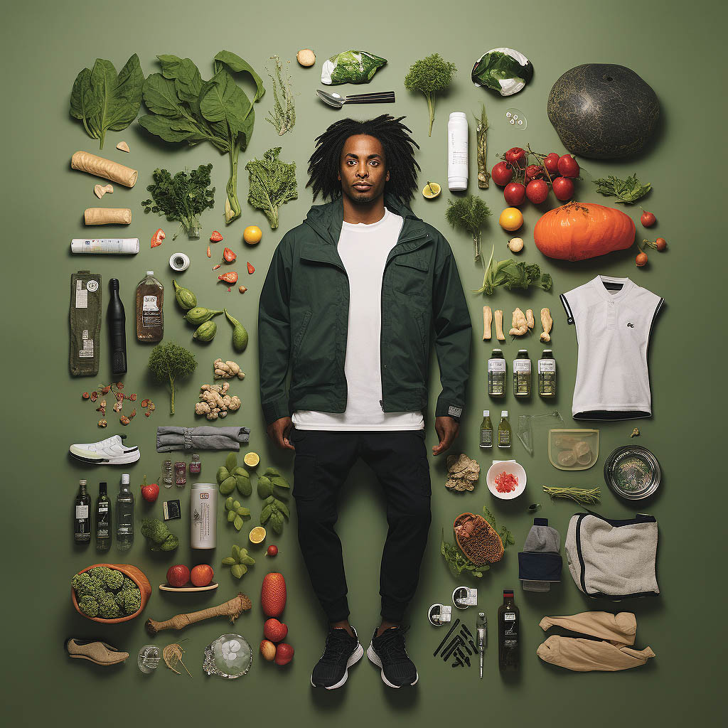 An image of a man associated with "sustainable practices" showcases environmentally conscious production methods and materials used to create sportswear