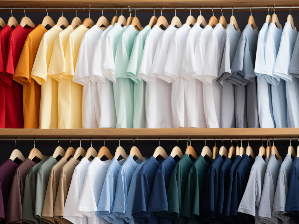 n image showcasing a variety of men's t-shirts in different colors and styles neatly folded and displayed.