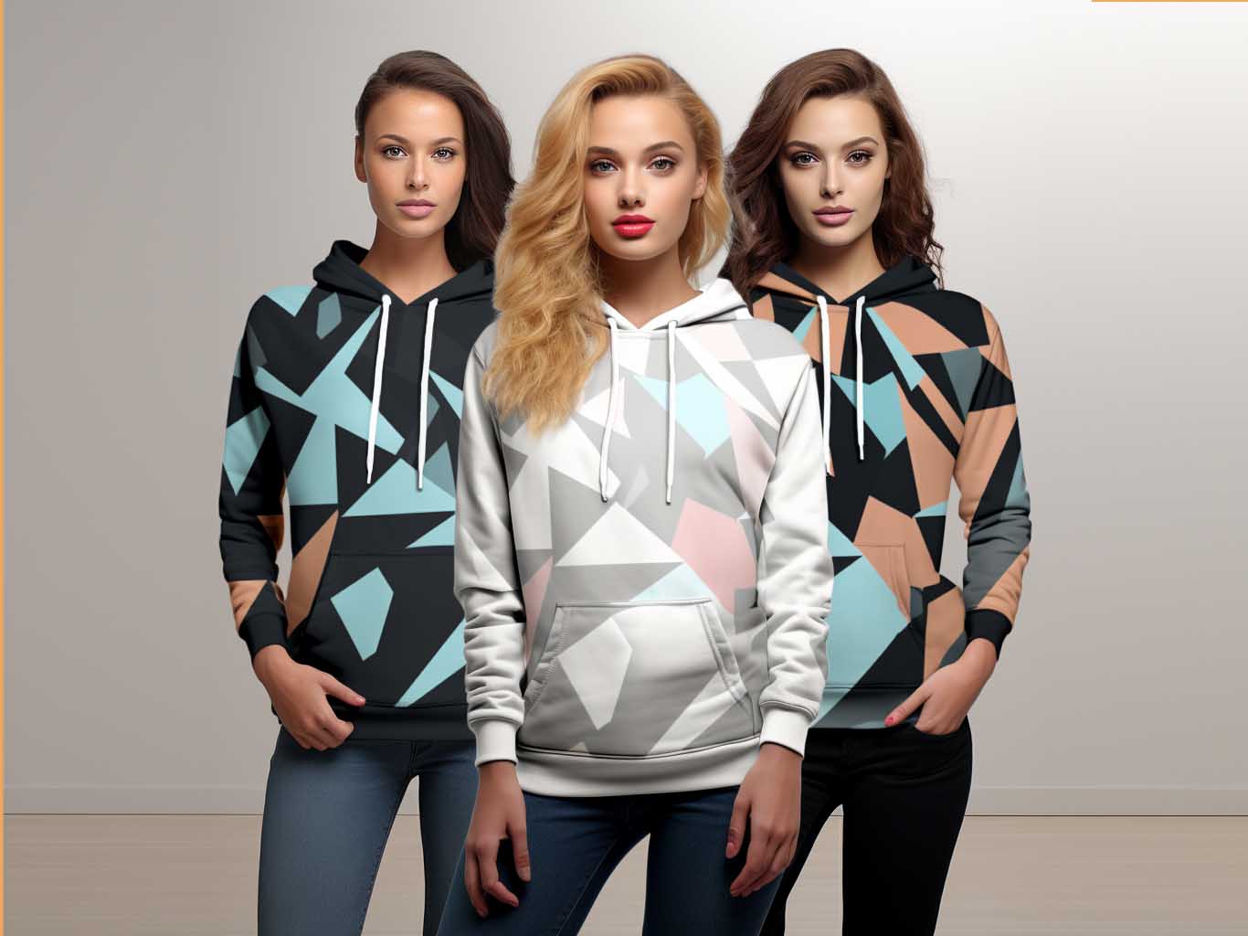 Bold and Vibrant Patterns: One section features custom hoodies with bold and eye-catching patterns, including geometric shapes and abstract designs. These hoodies are perfect for those who want to make a statement with their style.