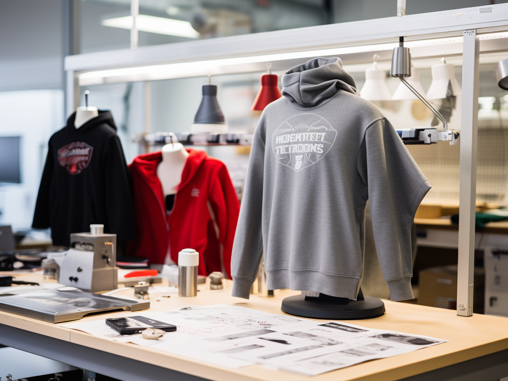 Display a timeline of hoodie manufacturing evolution: Start with a classic sewing station with rolls of cotton and polyester, transition to a seamless knitting machine creating a no-seam hoodie, and end with a laser cutting machine working on hoodie fabric. Include samples of hoodies with annotations for each era. Focus on showcasing the advancements in comfort, functionality, and design