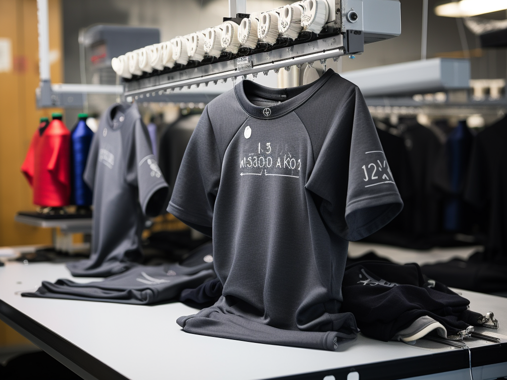 Display a timeline of hoodie manufacturing evolution: Start with a classic sewing station with rolls of cotton and polyester, transition to a seamless knitting machine creating a no-seam hoodie, and end with a laser cutting machine working on hoodie fabric. Include samples of hoodies with annotations for each era. Focus on showcasing the advancements in comfort, functionality, and design