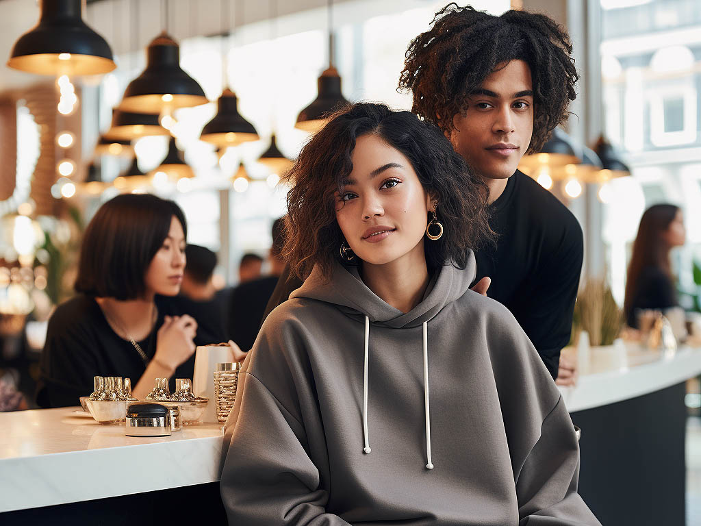In a chic urban cafe setting, a group of stylish individuals showcases how to accessorize oversized hoodies for a refined look.