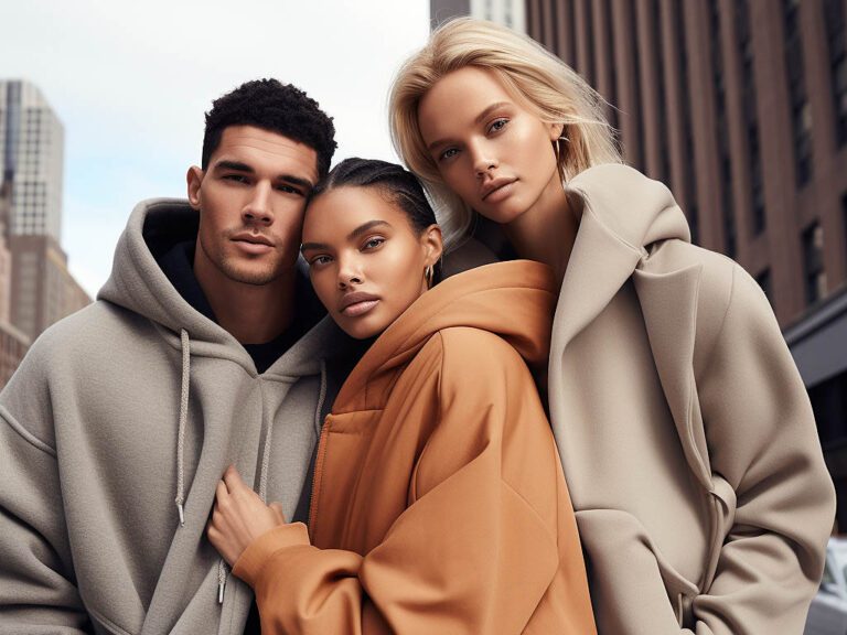 In a stylish, autumnal urban setting, a group of fashion-savvy individuals demonstrates the art of layering oversized hoodies with jackets and coats.