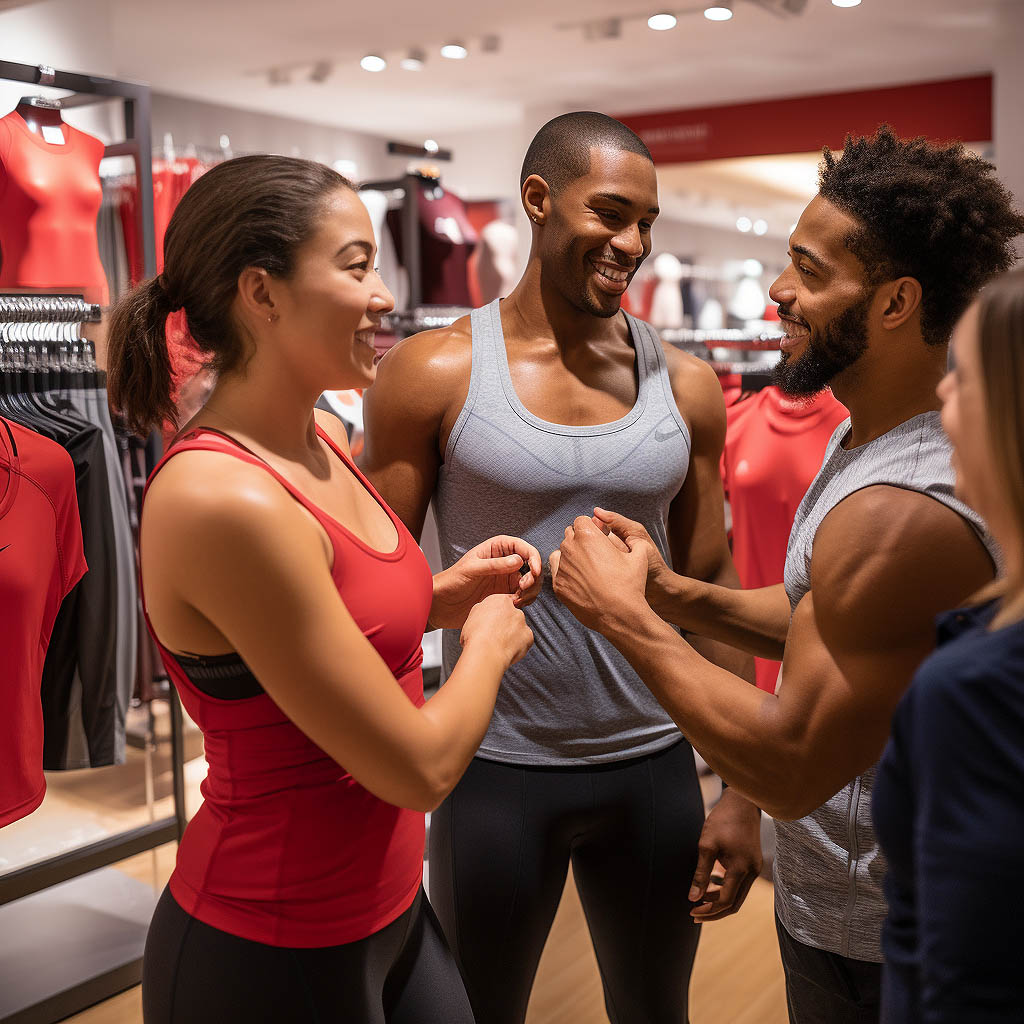 In a well-lit, spacious Modaknits fitting room, a diverse group of individuals is trying on different activewear sets, highlighting the importance of precision in fit and sizing.