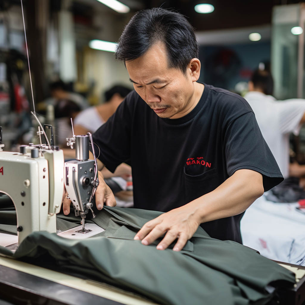 In the image, skilled artisans are seen meticulously sewing oversized T-shirts.
