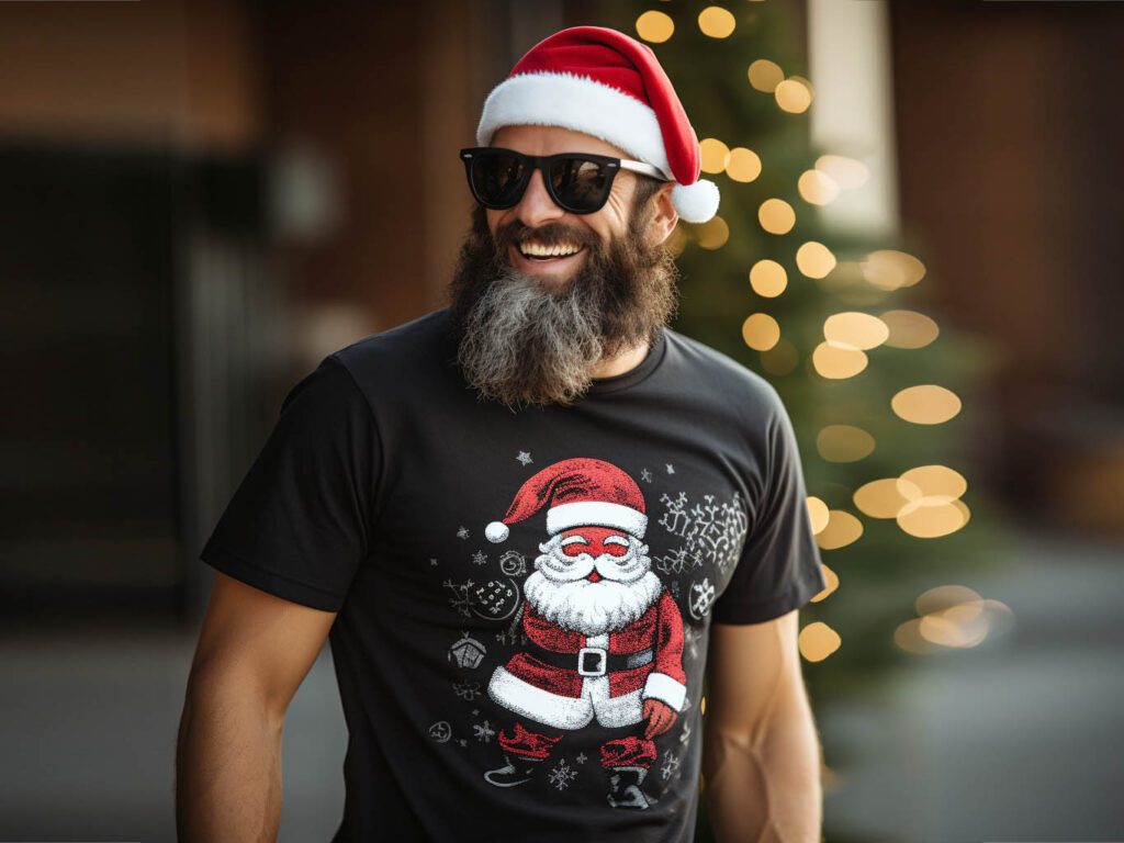 In this image, we showcase a collection of Christmas T-shirts that bring a playful and modern edge to traditional holiday symbols.