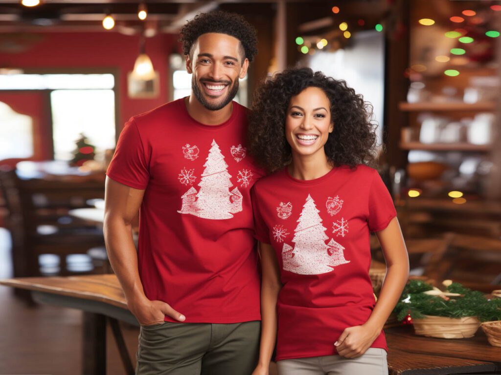 In this image, you'll find a delightful array of Christmas T-shirts, each featuring unique designs that cater to a range of personal styles and levels of festivity.