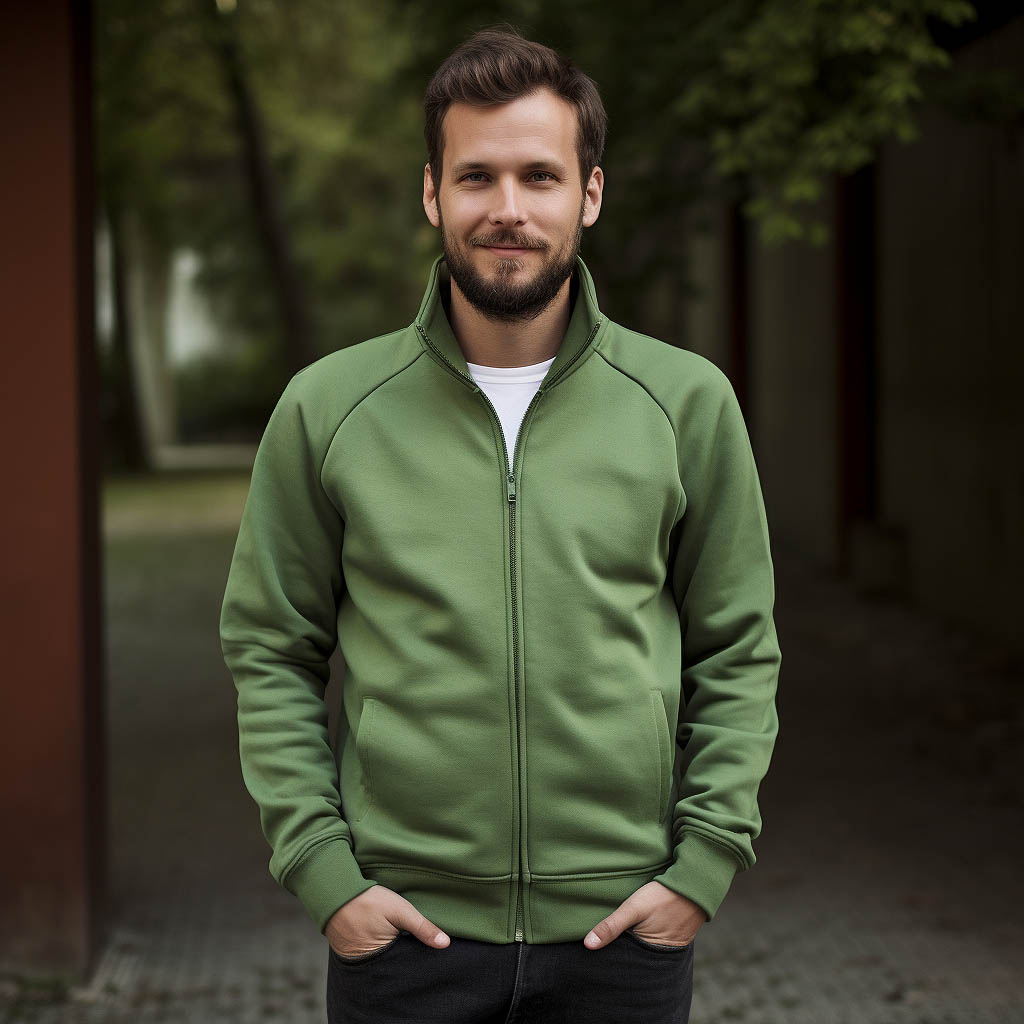 One person is wearing a full-zip sweatshirt. Note that it is a sweatshirt. No brim is required. Solid color.
