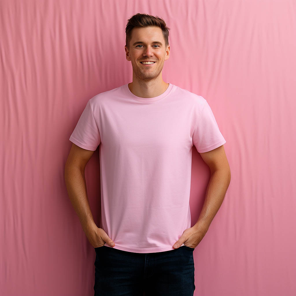 One person wearing Blend Fabric Customized t-shirt made of fabric fabric with solid color background