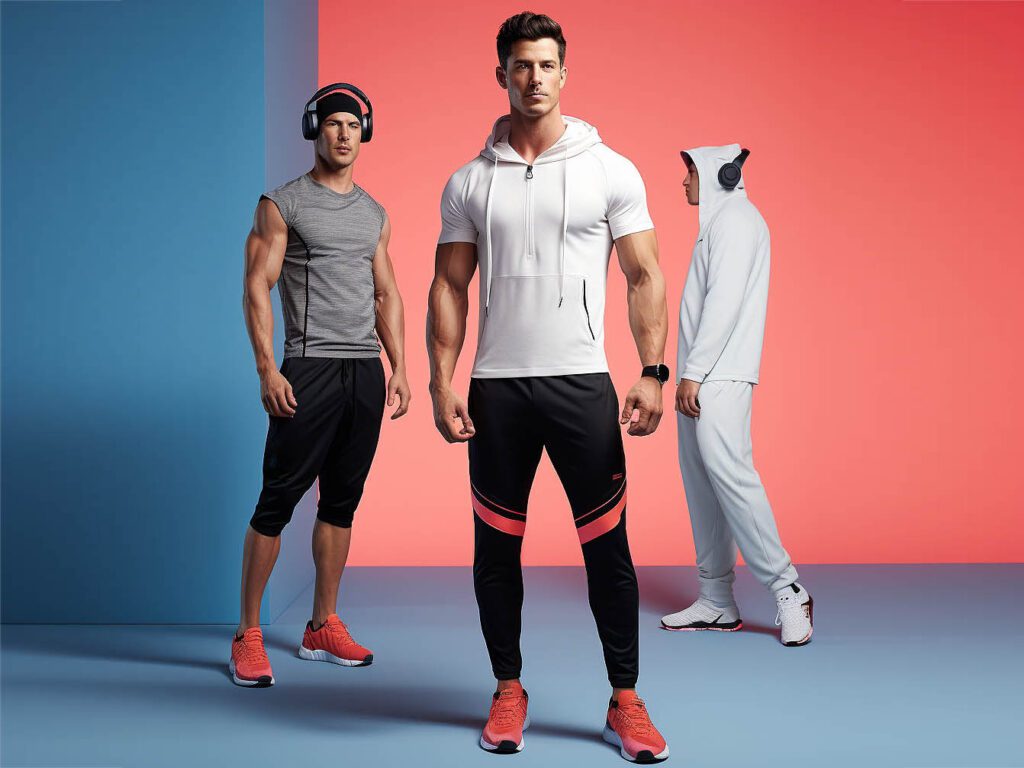 The image accompanying the text "Stylish Trends in Guys' Activewear" showcases a diverse selection of fashionable and trendsetting activewear for men.