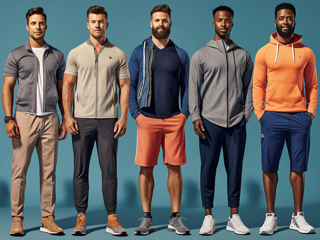 The image accompanying the text "Understanding Guys' Activewear" illustrates a diverse selection of men's activewear garments displayed neatly on a background.