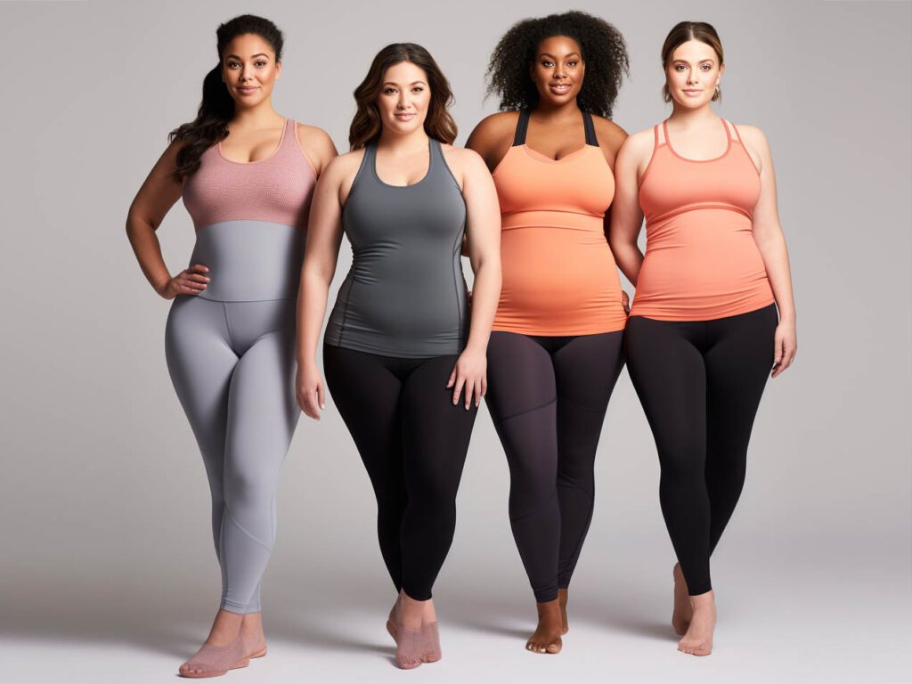 The image accompanying this text features a diverse group of plus-size athletes confidently wearing stylish and supportive activewear. 
