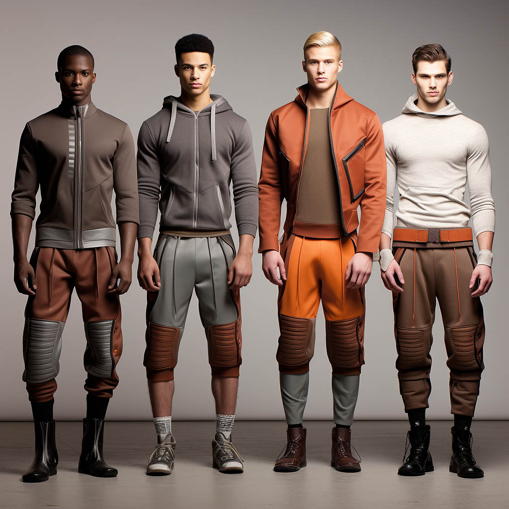 The image associated with "Fashion Trends" depicts a lineup of modern men's activewear showcasing the fusion of fashion and functionality.