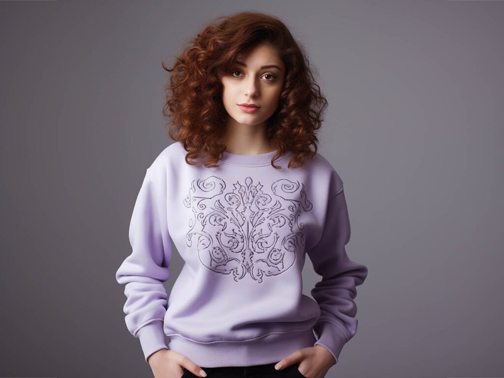 The image corresponds to "Customizing Women's Sweatshirts" and showcases a women's sweatshirt with intricate embroidered details