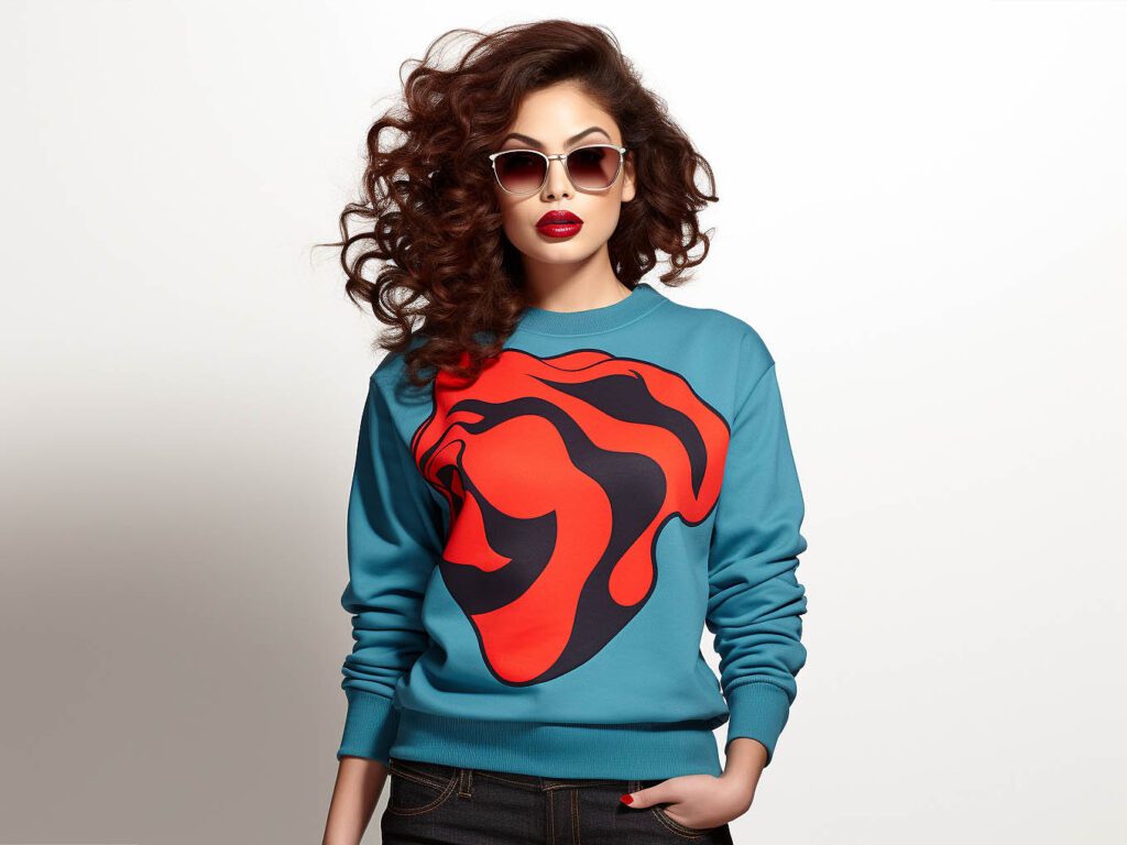 The image corresponds to "The Latest Trends in Women's Sweatshirts" and depicts a stylish woman wearing a retro-inspired women's sweatshirt
