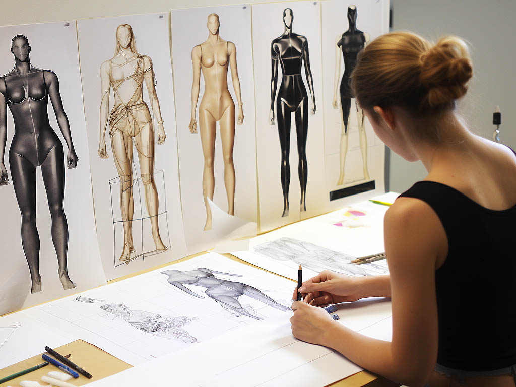 The image corresponds to the topic "Design And Fit" and showcases a fashion designer's sketchpad with sketches of female silhouettes representing diverse body types and sizes.