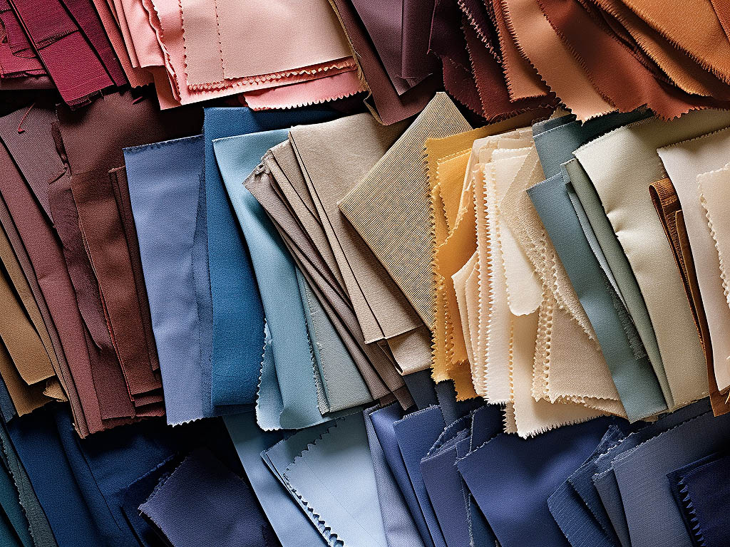 The image corresponds to the topic "Fabric Selection" and illustrates a selection of fabric swatches commonly used in clothing manufacturing.