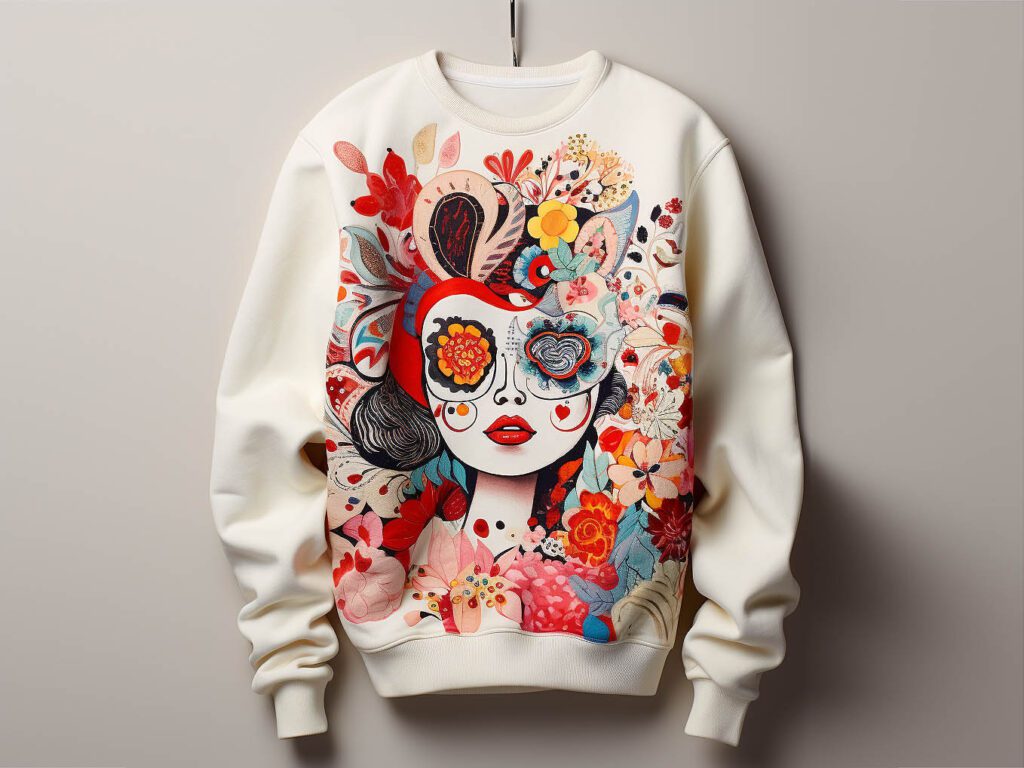 The image corresponds to the topic "Printing And Embellishment Techniques" and showcases a collection of women's sweatshirts with various advanced printing and decorative elements.