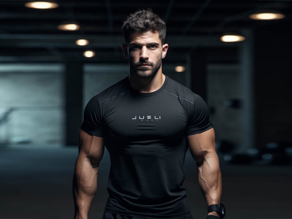 The image depicts a person wearing a compression T-shirt while engaged in a workout or physical activity. The individual is shown with a focused and determined expression, highlighting the idea of unleashing their performance potential.
