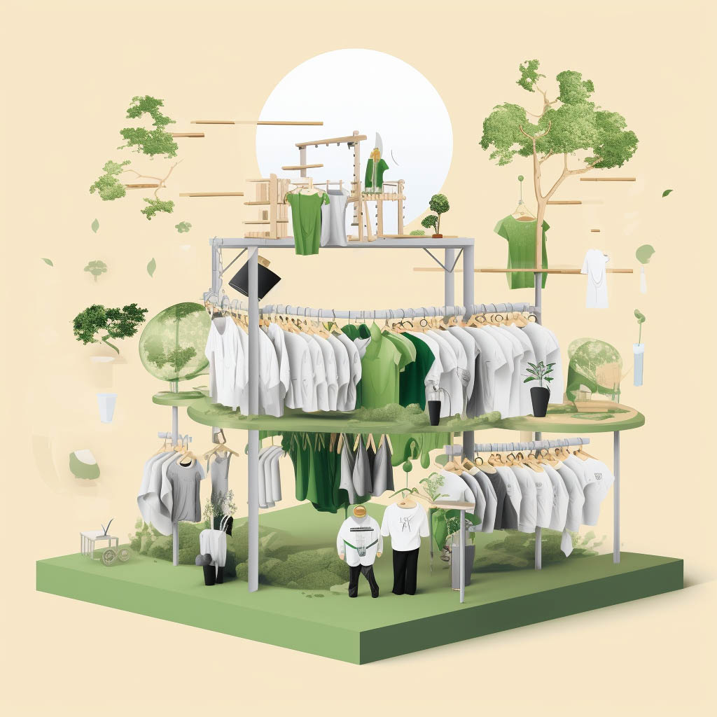 The image depicts a sustainable production process for oversized T-shirts.