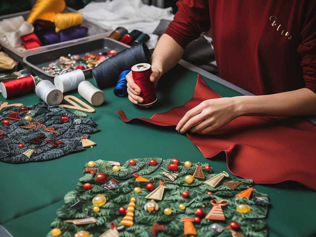 The image depicts the concept of Sustainability and Ethical Manufacturing in Ugly Christmas Sweatshirt production.