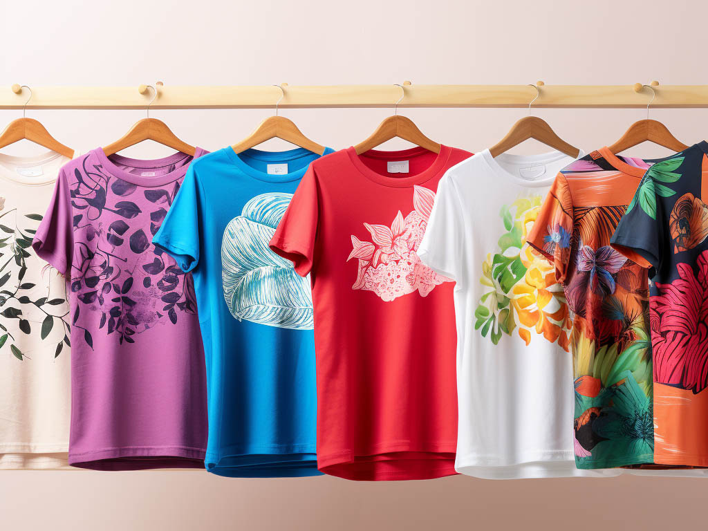 The image displays a variety of women's t-shirts showcasing different colors and patterns.