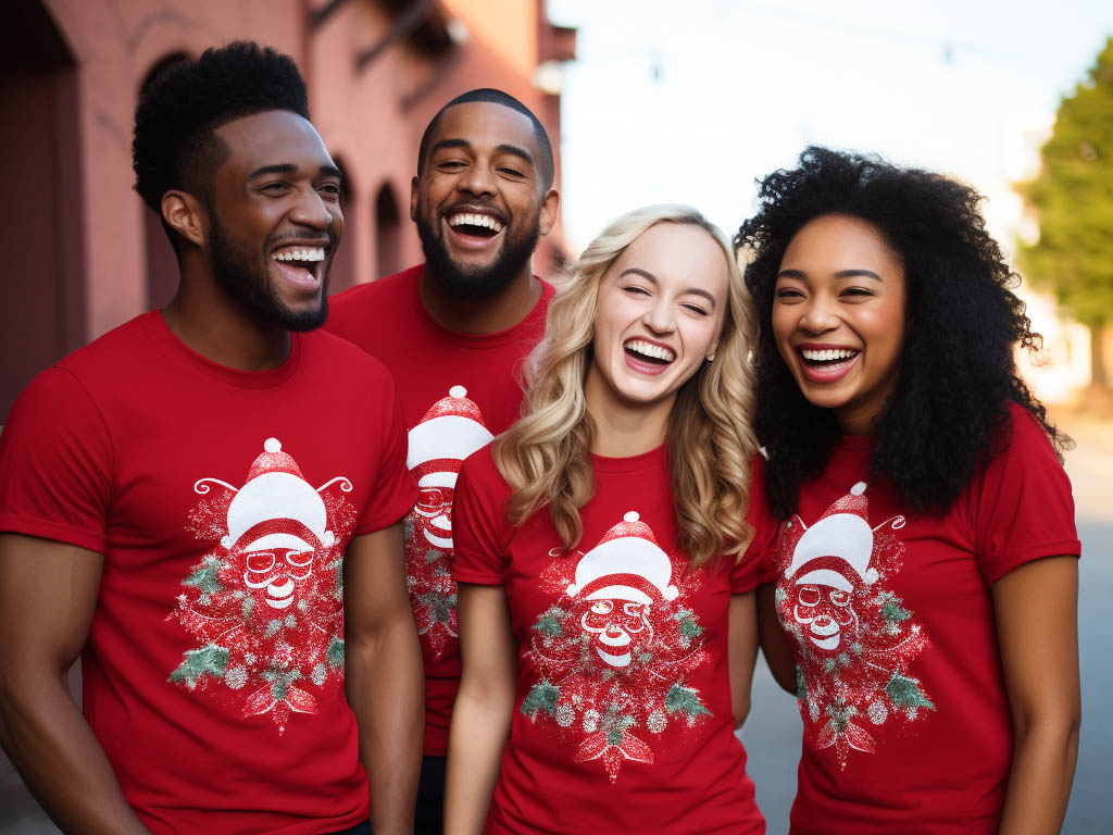 The image displays a vibrant collection of Christmas T-shirt designs, each representing the holiday spirit in its unique way.