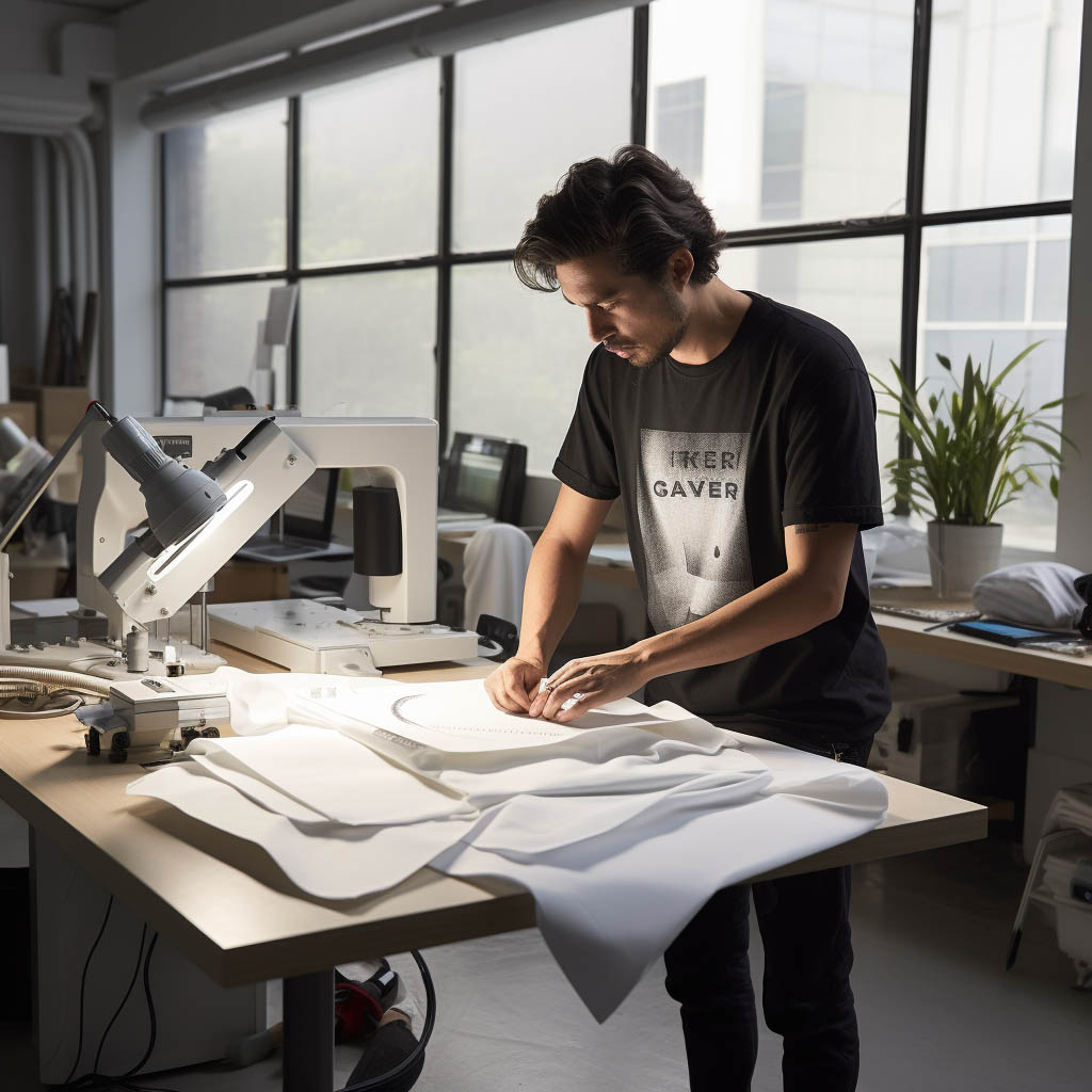 The image features a design studio where skilled designers are at work, creating oversized T-shirt patterns.
