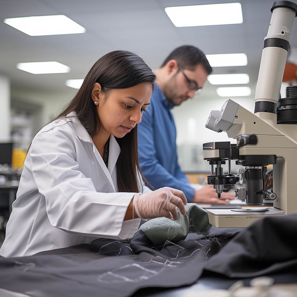 The image focuses on a state-of-the-art fabric technology laboratory, where textile experts are engaged in the development and testing of advanced activewear materials.