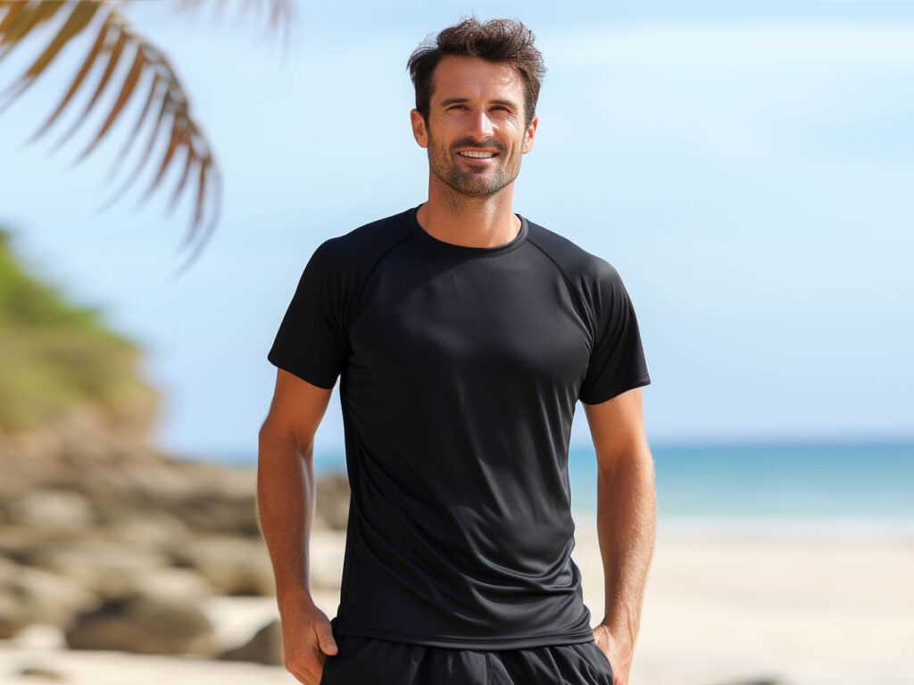 The image highlights key features of T-shirts, including moisture-wicking technology to keep you dry during physical activity, anti-odor treatment to inhibit bacterial growth and keep you fresh, and sun protection with UPF-rated fabric suitable for outdoor wear.