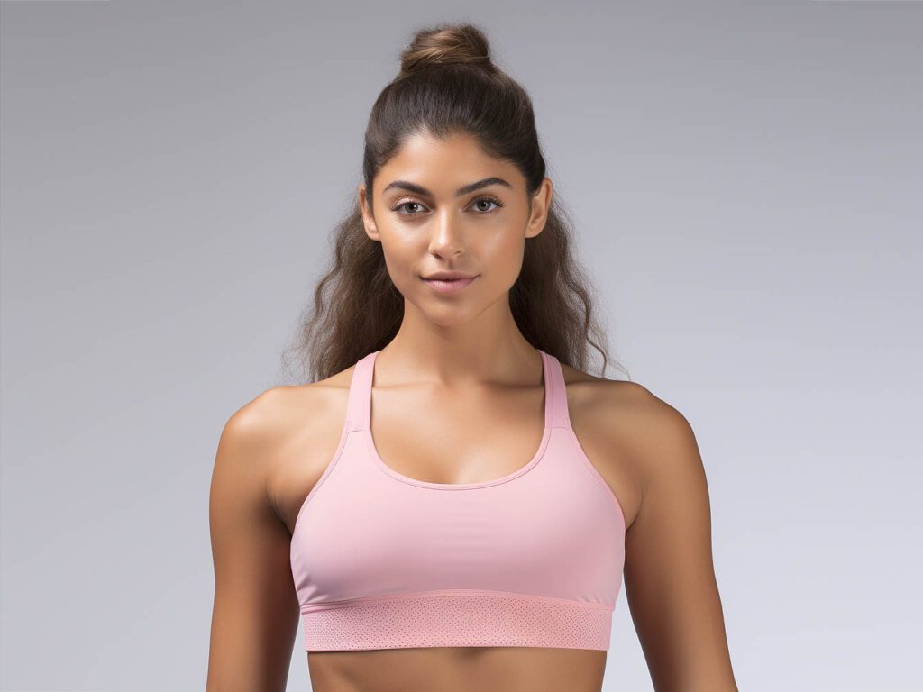 The image highlights must-have accessories to complement women's sportswear, with a specific focus on a supportive and well-fitted sports bra.