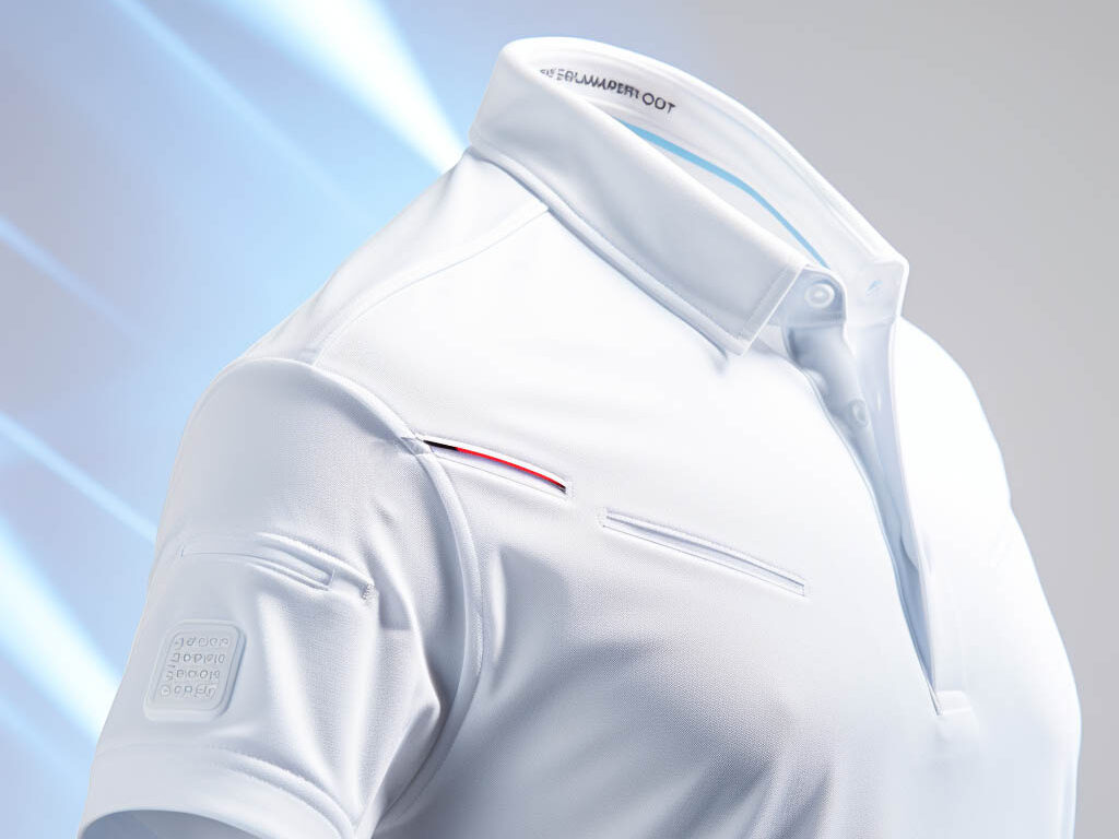 The image illustrates a golf T-shirt showcasing its notable features.