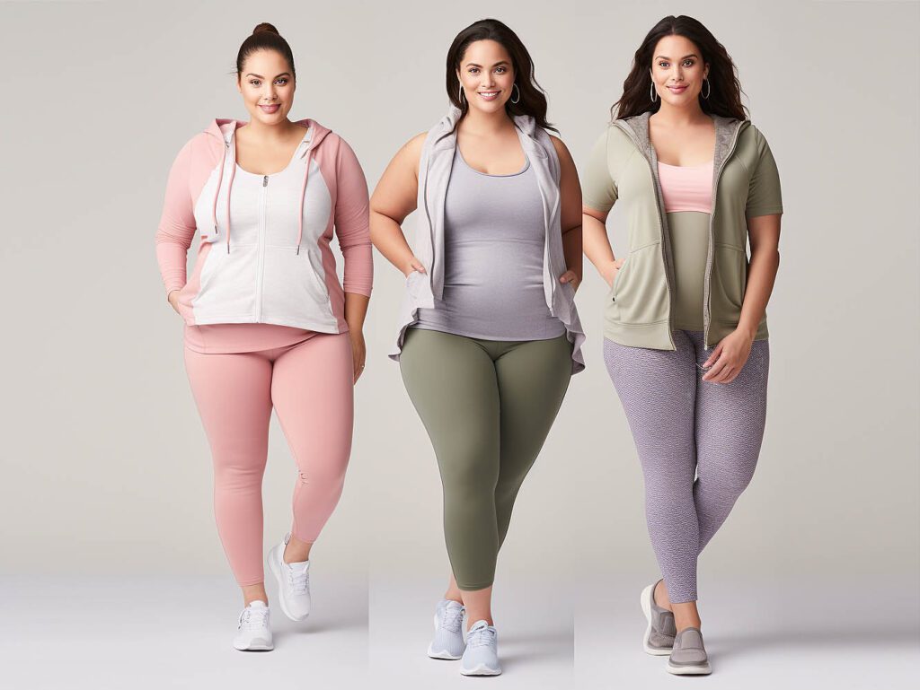 The image illustrates a selection of activewear items from reputable brands known for offering stylish and supportive options for plus-size athletes.