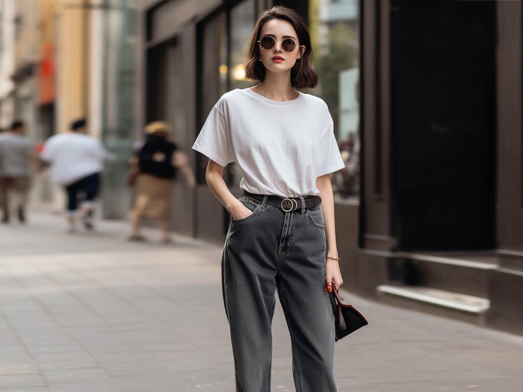 The image illustrates a stylish ensemble featuring high-waisted jeans paired with an oversized t-shirt.