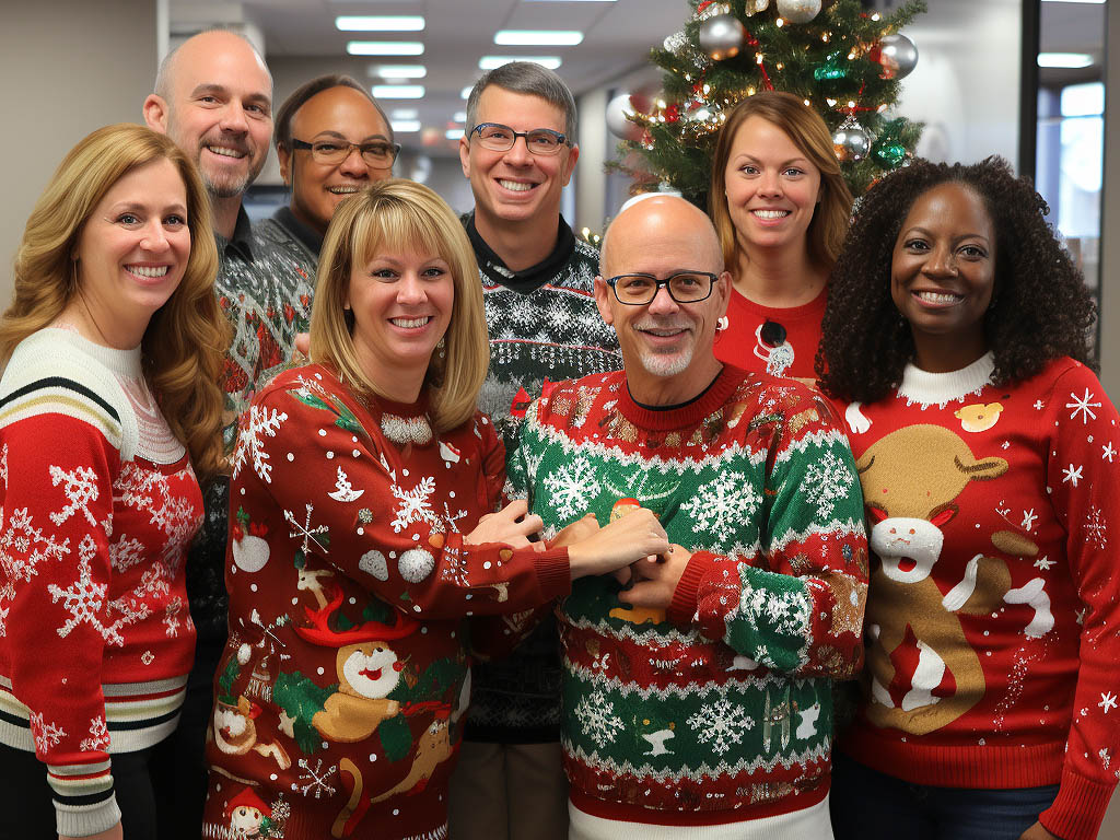 The image illustrates the concept of Ugly Sweatshirt fashion do's and don'ts, emphasizing the lighthearted and joyful nature of this holiday tradition.