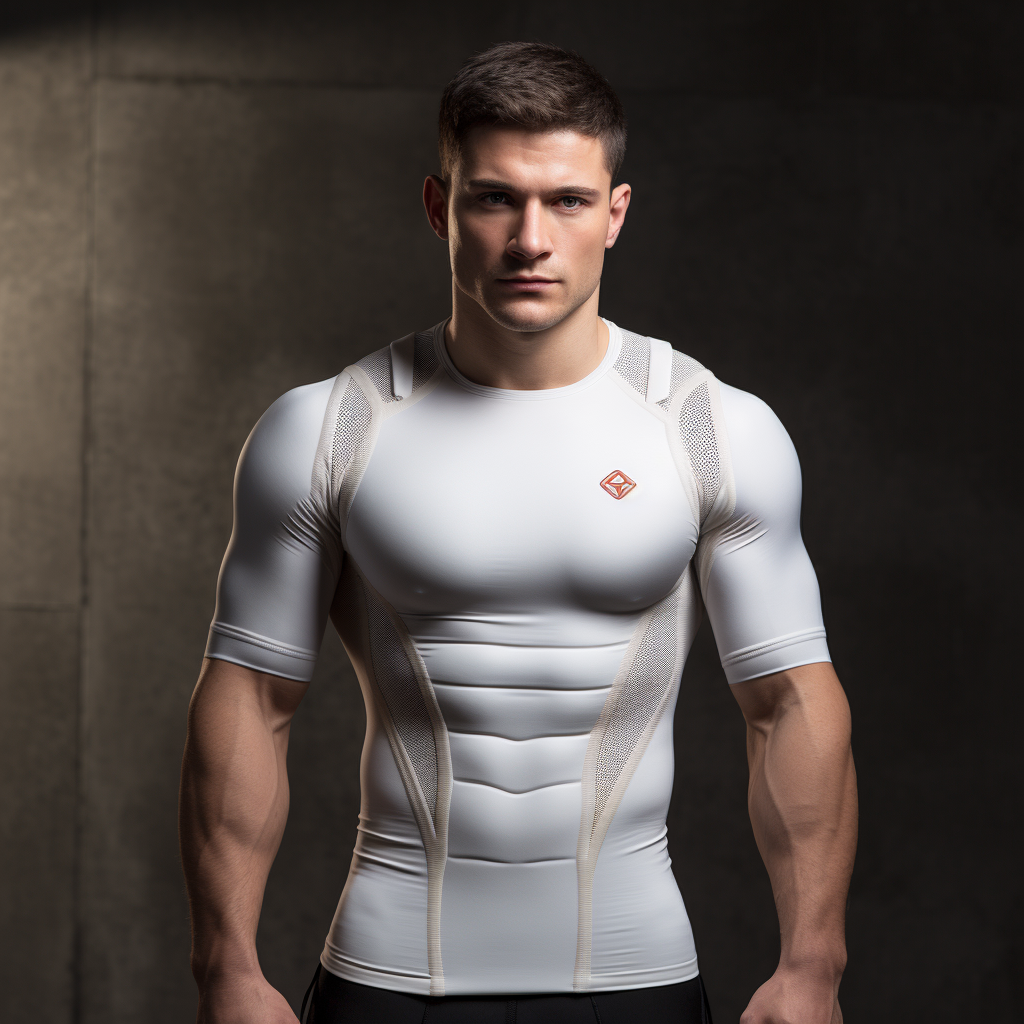 The image illustrates the concept of muscle support and improved blood circulation with compression shirts.