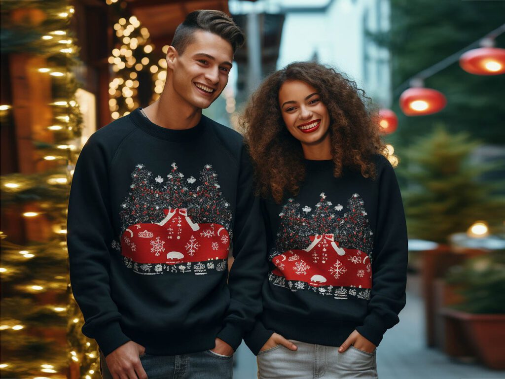 The image illustrates the fun and festive nature of styling an ugly Christmas sweatshirt.