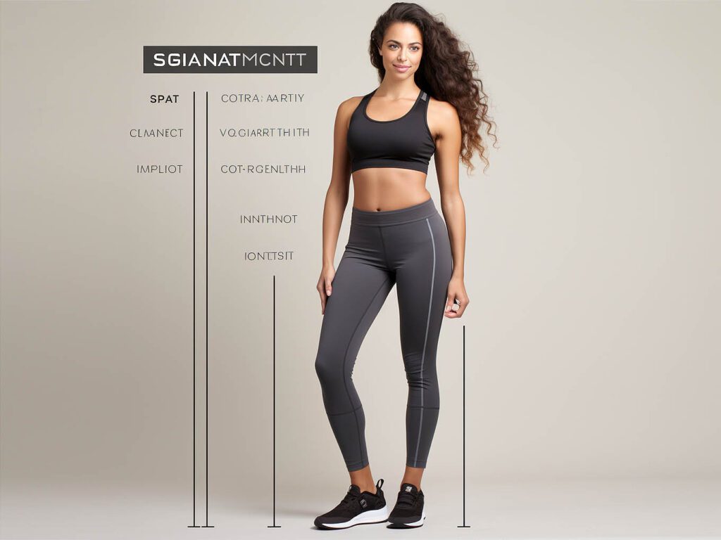The image provides guidance on finding the perfect fit in women's sportswear, with a focus on sizing and measurements for bottoms.