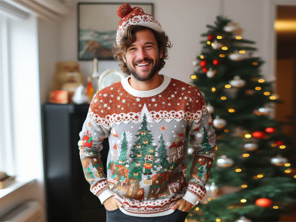 The image reflects the festive and cheerful theme of styling an ugly Christmas sweatshirt during the holiday season.