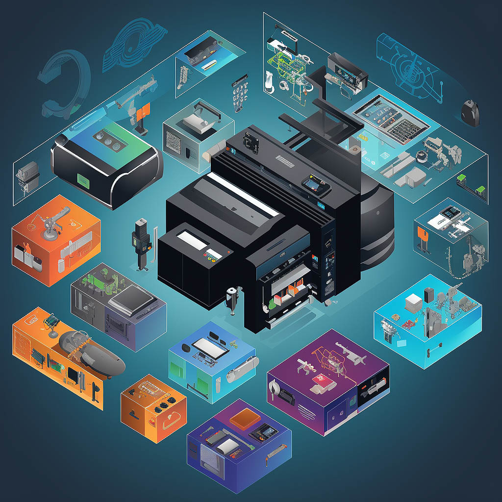 The image represents the topic "Printer Technology" and provides a visual depiction of various digital direct printers used in the printing industry.