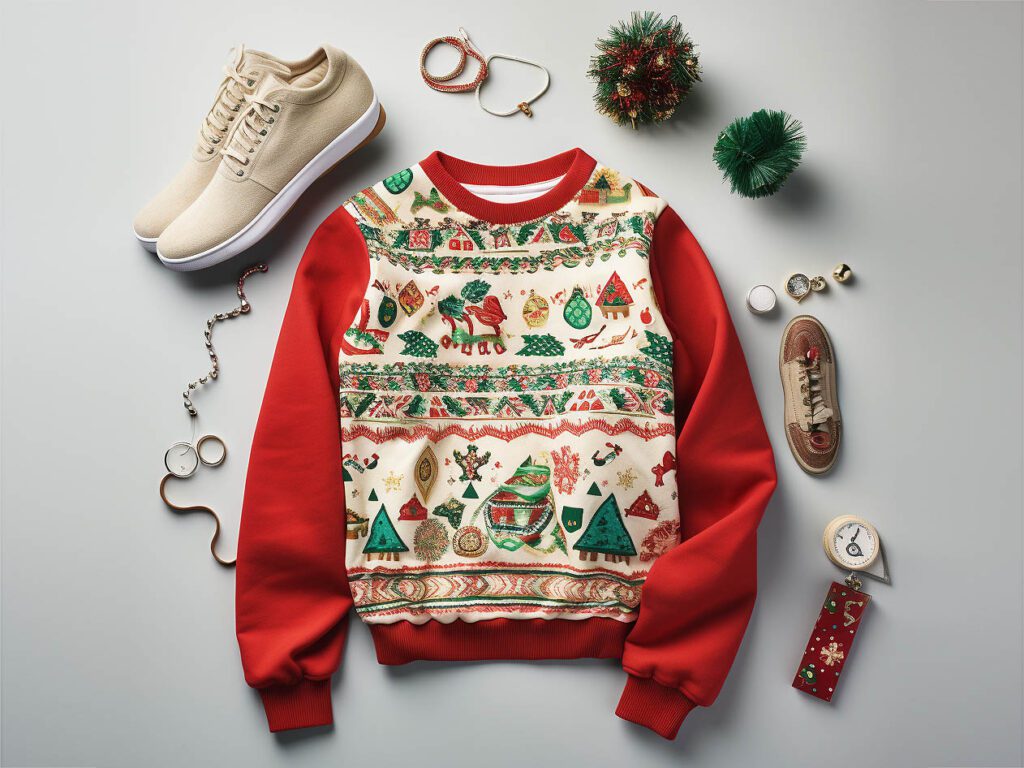 The image showcases DIY ugly sweatshirt decorating ideas with a focus on accessories.