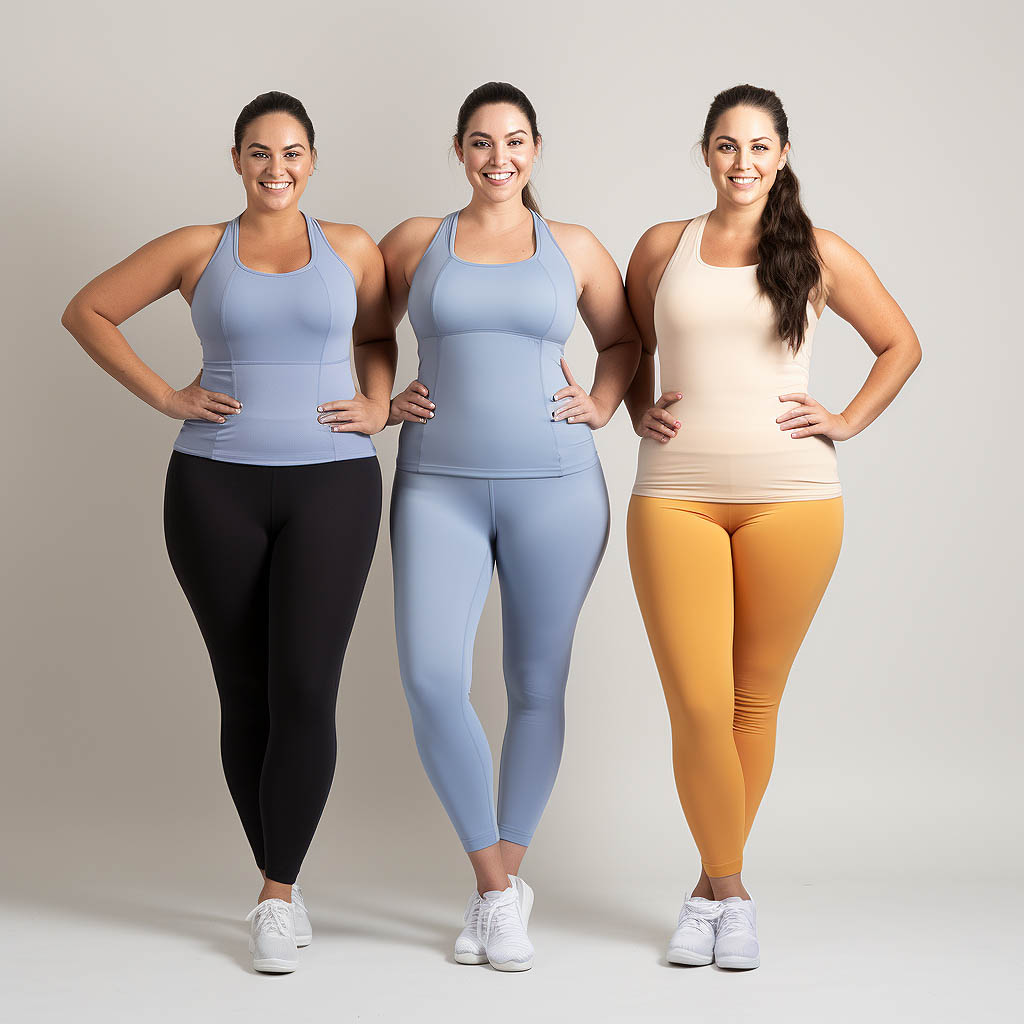 The image showcases MODAKNITS plus-size activewear in a wide range of sizes, highlighting their commitment to size diversity.