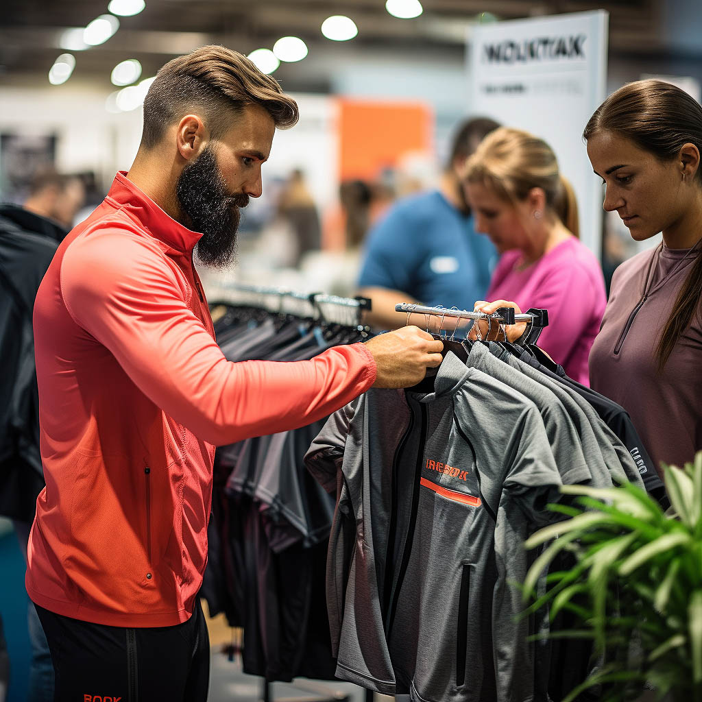 The image showcases a bustling outdoor fitness expo where Modaknits displays its latest activewear collection, emphasizing its technical features.