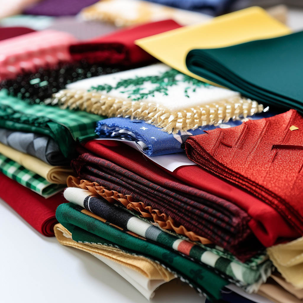 The image showcases a close-up view of fabric swatches used in crafting Ugly Christmas Sweatshirts.