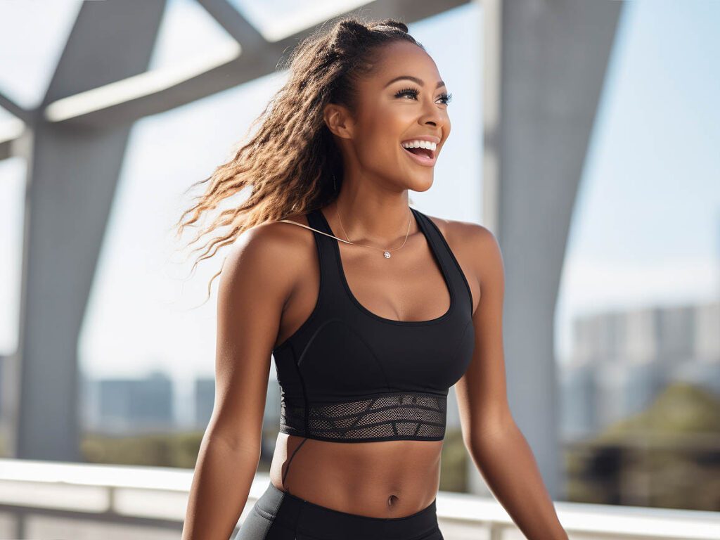 The image showcases a dynamic and confident woman wearing MODAKNITS Bombshell Activewear.
