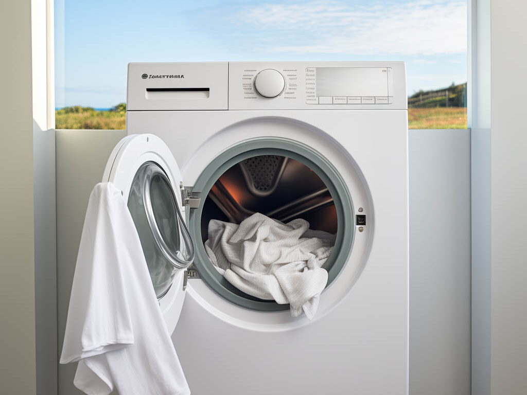 The image showcases a golf T-shirt being machine washed and dried, emphasizing the ease of care and low maintenance associated with these shirts.
